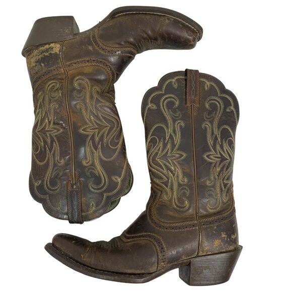 ARIAT 15834 Legend Square Toe Brown Leather Green INT Pull On Western Boots SZ 8 - Picture 2 of 10